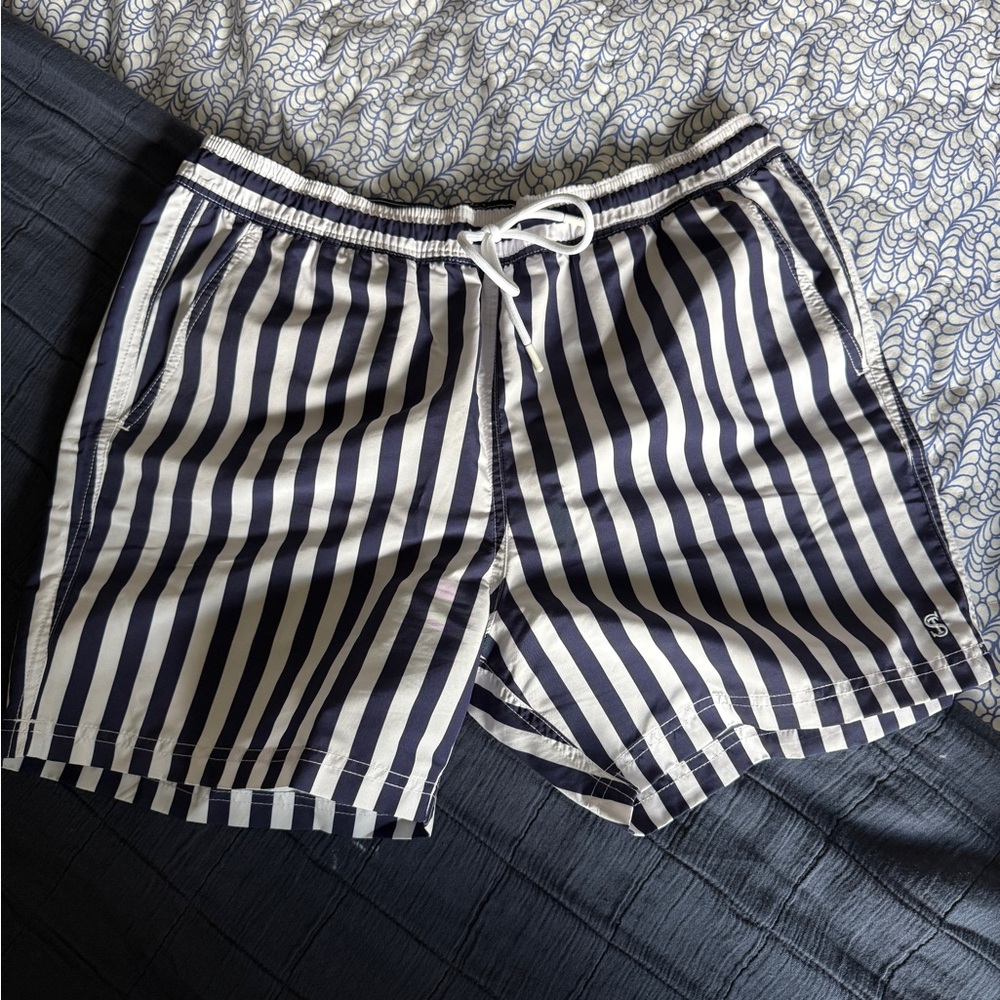 Todd Snyder Navy and White Striped Swim Trunks